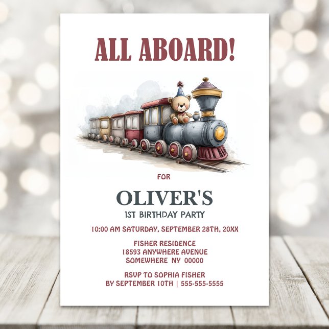 All Aboard Teddy Bear Train 1st Birthday Party Invitation (Creator Uploaded)