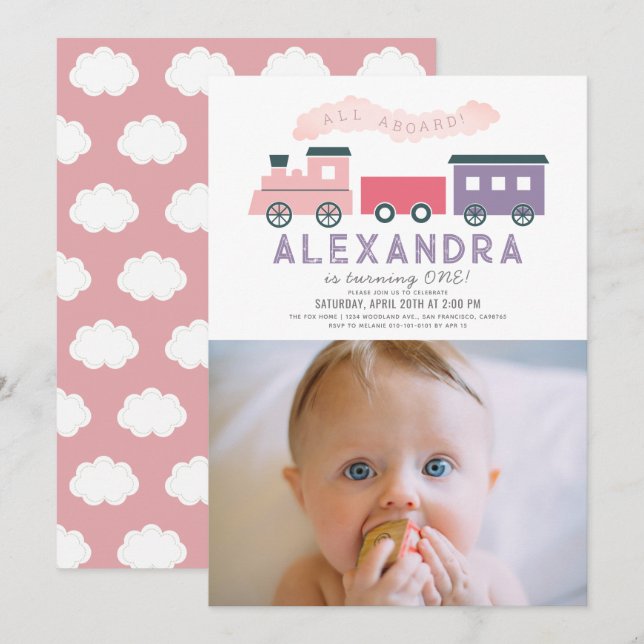 All Aboard Train Pink Girl 1st Birthday Photo Invitation (Front/Back)