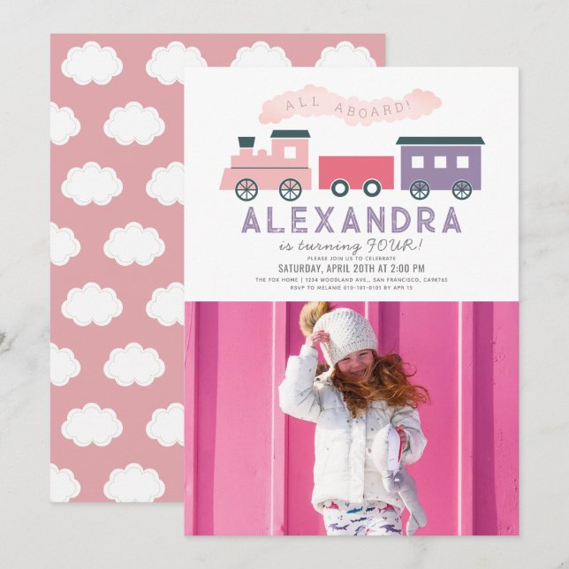 All Aboard Train Pink Girl Birthday Photo Invitation (Front/Back)