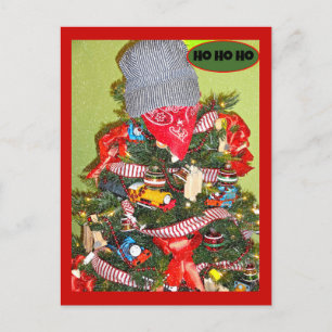 All Aboard! Train Themed Christmas Tree Greeting Postcard