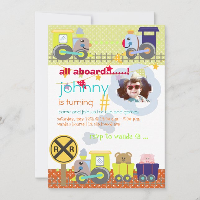 All aboard, trains birthday party invites (Front)