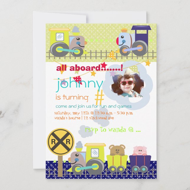 All aboard, trains birthday party invites (Front)