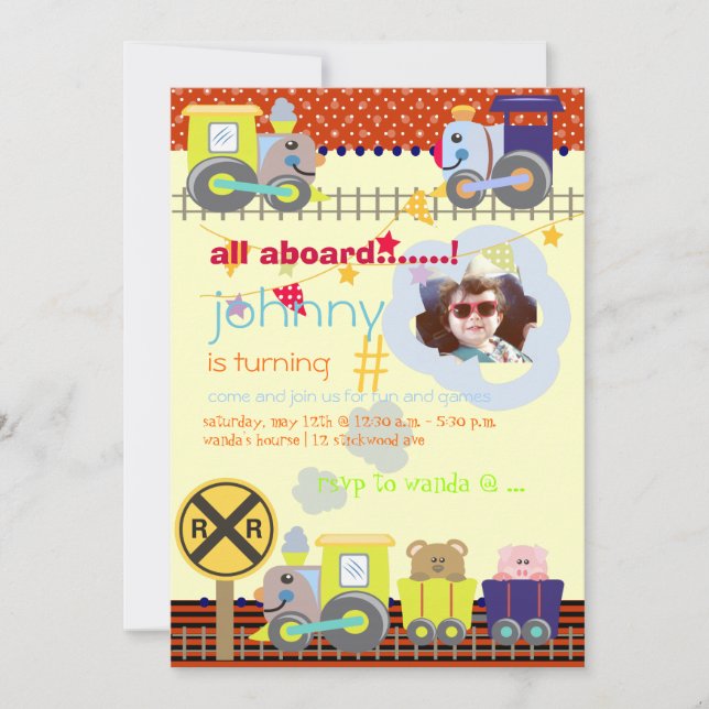 All aboard, trains birthday party invites (Front)
