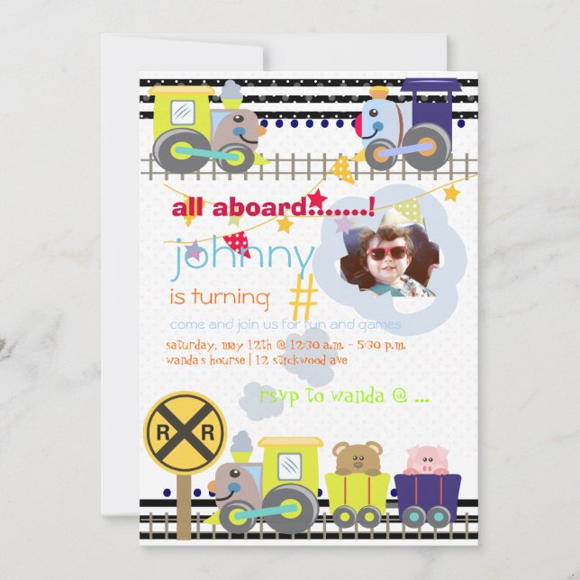 All aboard, trains birthday party invites (Front)