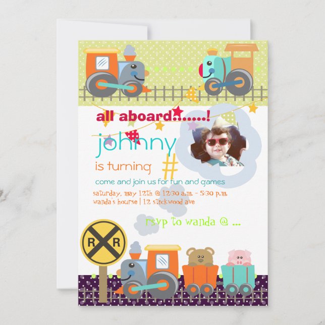 All aboard, trains birthday party invites (Front)