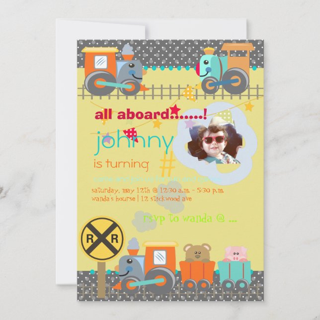 All aboard, trains birthday party invites (Front)