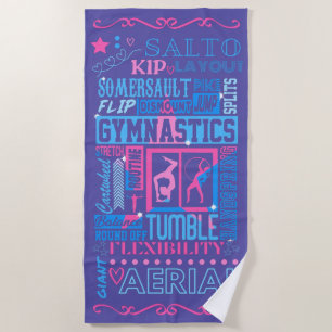 All About Gymnastics Typography in Pink and Blue  Beach Towel
