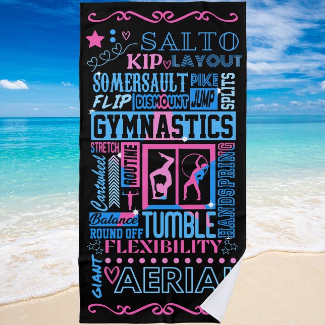 All About Gymnastics Typography in Pink and Blue  Beach Towel (Creator Uploaded)