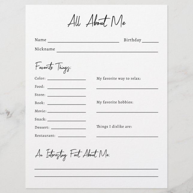 All About Me Survey (Front)