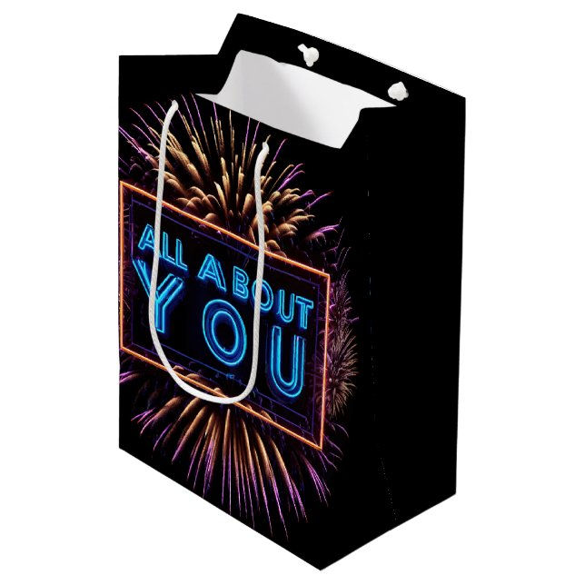 All About You Neon Sign With Fireworks Medium Gift Bag (Front Angled)