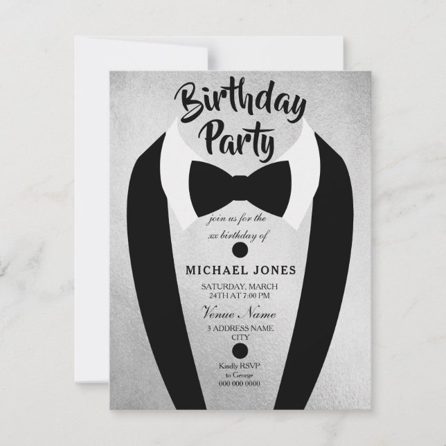 All age Mens Silver Bow Tie Birthday Party Invite (Front)