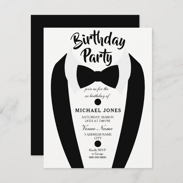 All age Mens Tuxedo Bow Tie Birthday Party Invite (Front/Back)