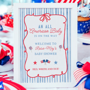 All American Baby Shower Red Blue Stripes Welcome Poster