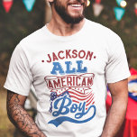 All american boy 4th july patriotic family reunion T-Shirt<br><div class="desc">Celebrate July the fourth with this patriotic t-shirt featuring the wording "All American boy" in red and light blue retro-style fonts over the iconic USA stars and stripes flag. Easily customizable with your name, this t-shirt is perfect for any 4th of July party or family reunion, or even just to...</div>