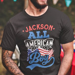 All american boy 4th july patriotic family reunion T-Shirt<br><div class="desc">Celebrate July the fourth with this patriotic t-shirt featuring the wording "All American boy" in red and light blue retro-style fonts over the iconic USA stars and stripes flag. Easily customizable with your name, this t-shirt is perfect for any 4th of July party or family reunion, or even just to...</div>