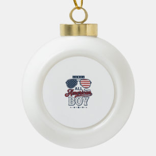 All American Boy Patriotic Sunglasses Shirt Design Ceramic Ball Christmas Ornament