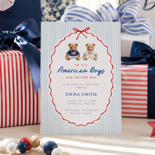 All American Boys Twin Teddy Bear Fourth of July  Invitation