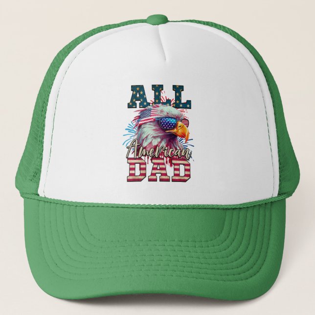 All American Dad 4th of July Bald Eagle USA Flag Trucker Hat (Front)