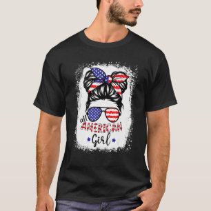All American Girl 4th July Messy Bun Us Flag T-Shirt