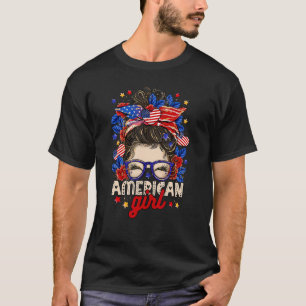 All American Girl Messy Bun American 4th of July P T-Shirt