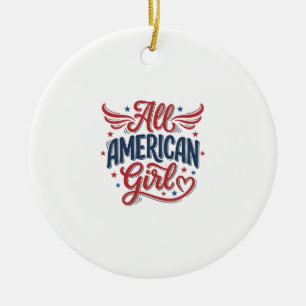 All American Girl Patriotic Vintage Vector Design_ Ceramic Ornament
