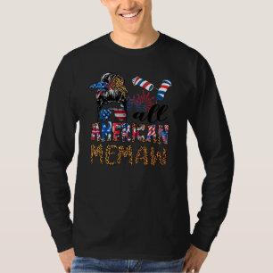 All American Memaw Messy Bun Usa Flag Leopard 4th  T-Shirt