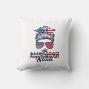 All American Nana Patriotic Messy Bun Vector Desig Throw Pillow