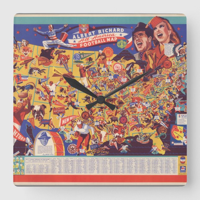 All-American Vintage Football Map Square Wall Clock (Front)