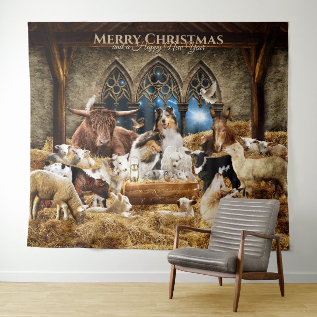 All-Animals Christmas Nativity w/ Rough Collies - Tapestry (In Situ (Horizontal))