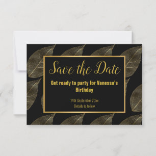ALL BLACK GOLD LEAF ELEGANT SAVE THE DATE RSVP CARD