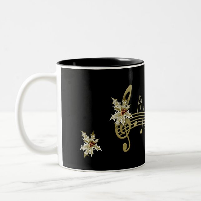 All Black Musical Note and Holly Christmas Coffee Two-Tone Coffee Mug (Left)