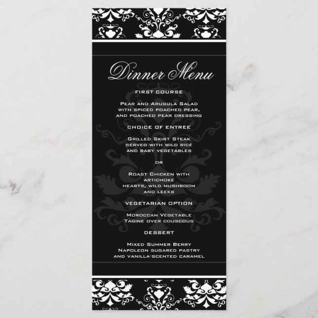 All Black w/ White Damask Elegant Slim Dinner Menu (Front)
