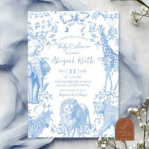 All Blue Safari French Toile Baby Shower Invitation