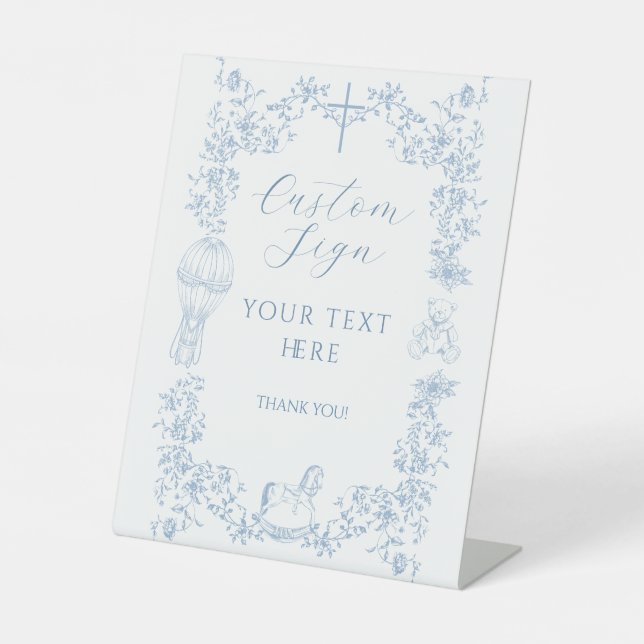 All Blue Toile Boy Baptism Elegant Custom Pedestal Sign (Front)