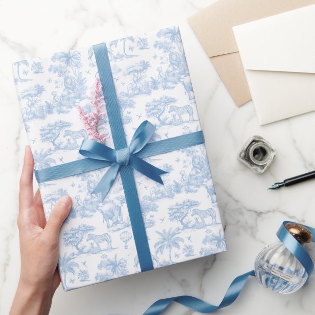 All Blue Toile Safari Animal Baby Boy Shower Wrapping Paper (Gifting)
