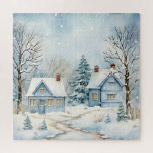 All Blue Winter Scene  Old Cabin Nostalgic Jigsaw Puzzle