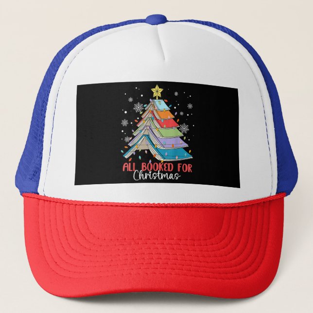 All Booked For Christmas Book Christmas Tree Light Trucker Hat (Front)