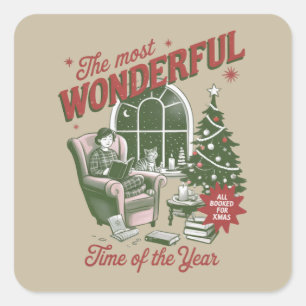 All Booked for Christmas Book The Most Wonderful Square Sticker