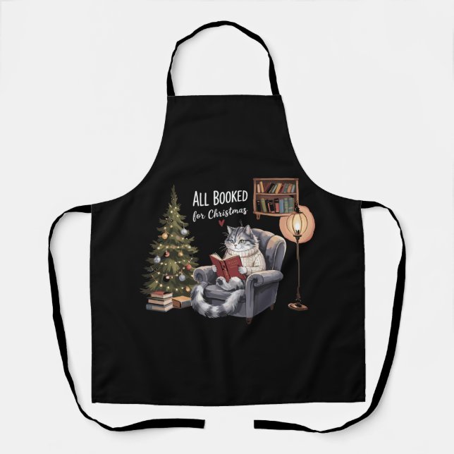 All Booked for Christmas Bookish Cat Winter Readin Apron (Front)