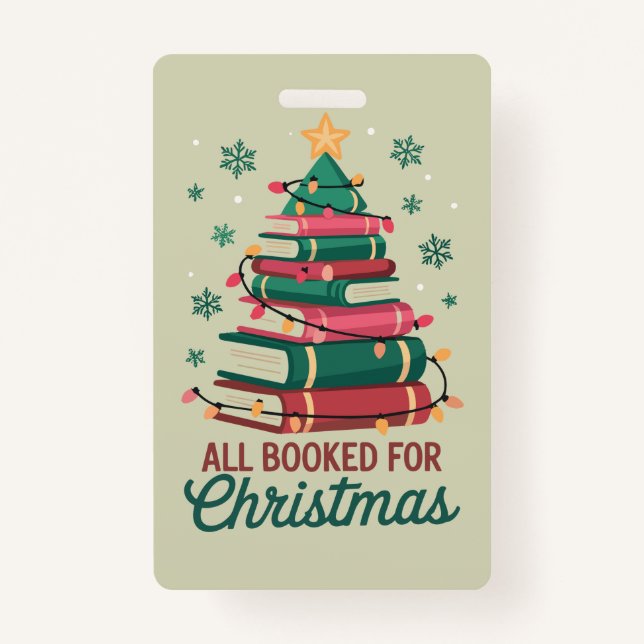 All Booked For Christmas Librarian Book Lover Tree Badge (Front)