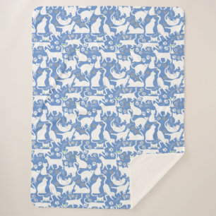 All Cats pattern.w.bx4 L Blue BG Sherpa Blanket