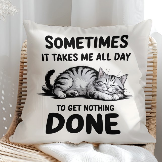 "All Day Doing Nothing" Funny Lazy Cat Throw Pillow ("All Day Doing Nothing" Funny Lazy Cat Throw Pillow in a sunny boho rattan chair.)