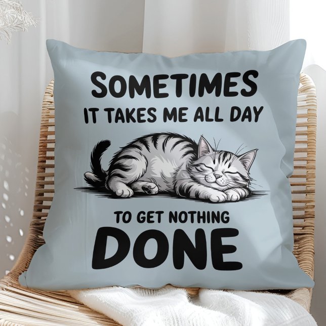"All Day Doing Nothing" Funny Lazy Cat Throw Pillow ("All Day Doing Nothing" Funny Lazy Cat Throw Pillow in a sunny boho rattan chair)