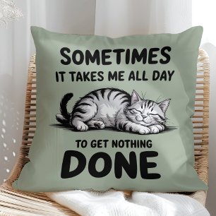 "All Day Doing Nothing" Funny Lazy Cat Throw Pillow