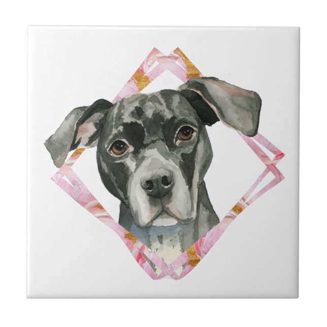 "All Ears" 2 Pit Bull Dog Watercolor Painting Tile (Front)
