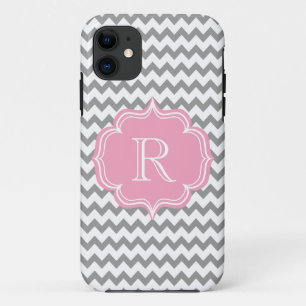 All Girl Chic Pink and Grey Chevron Monogram iPhone 11 Case