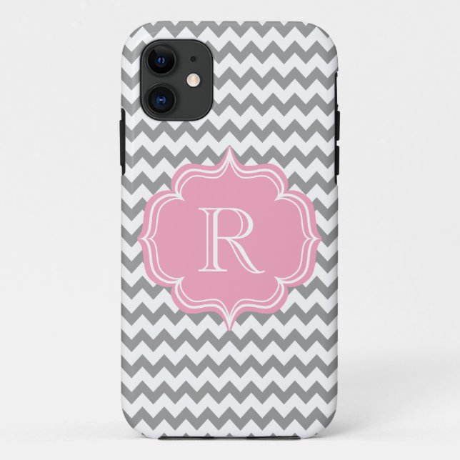 All Girl Chic Pink and Grey Chevron Monogram Case-Mate iPhone Case (Back)