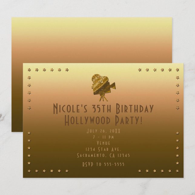 All Gold Cinema & Stars Hollywood Party Invitation (Devant / Derrière)