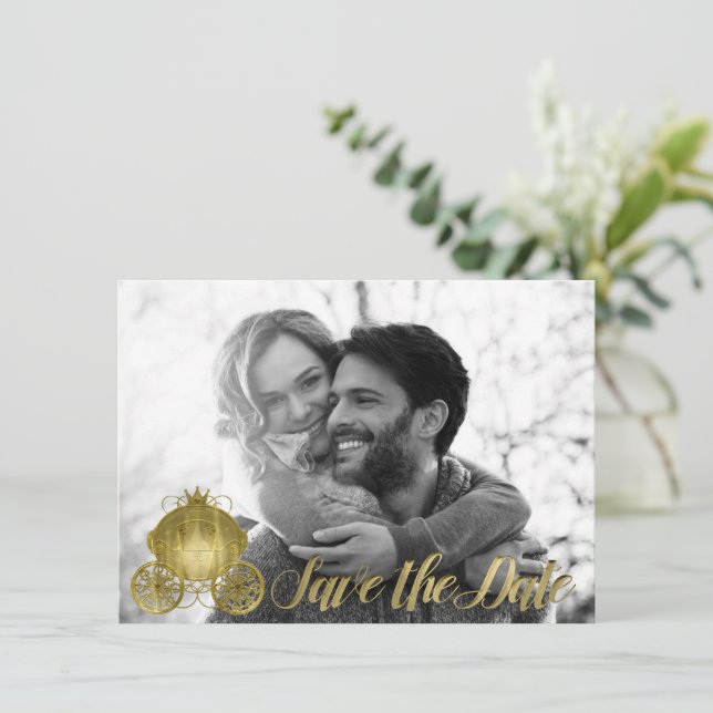 All Gold Princess Storybook Carriage Save the Date Invitation (Standing Front)