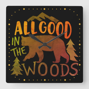 All Good In The Woods Forest Black Bear Hiking Square Wall Clock